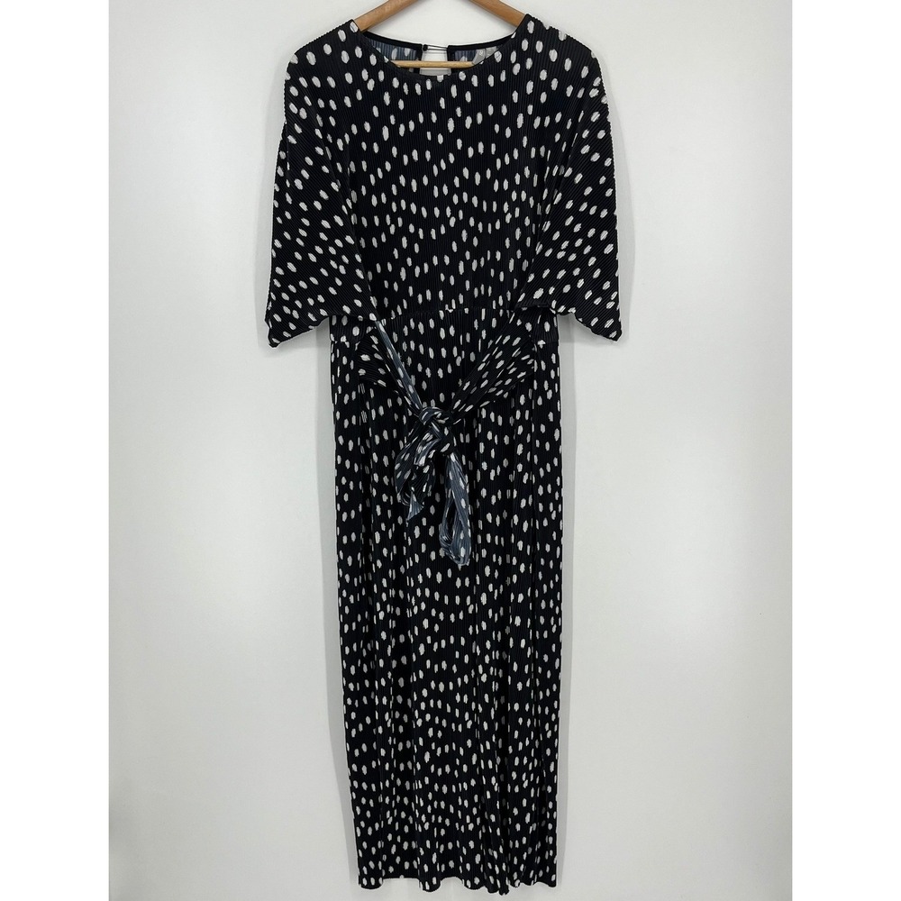 ASOS Women Black White Polka Dot Plisse Pleated Tie Waist Wide Leg Jumpsuit US 8